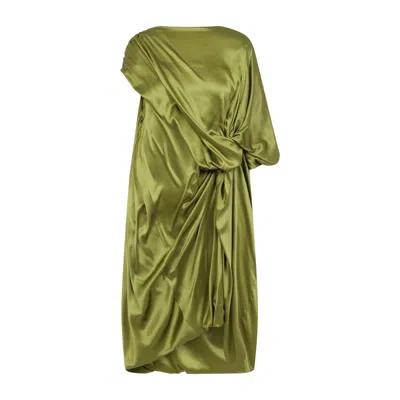 Dries Van Noten Asymmetric Neckline Draped Satin Short Sleeves In Green