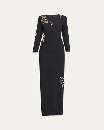 Dries Van Noten Dalista Crystal Long-sleeve Crepe Column Gown In Black