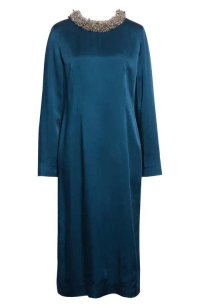 Dries Van Noten Danora Embellished Long Sleeve Satin Dress In Blue