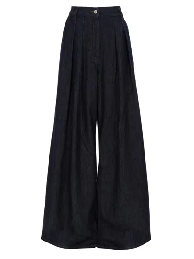 Dries Van Noten Dark Blue Flared Pleated Pants In Black