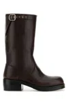 Dries Van Noten Mid-calf Block Heel Leather Boots With Buckle In Brown