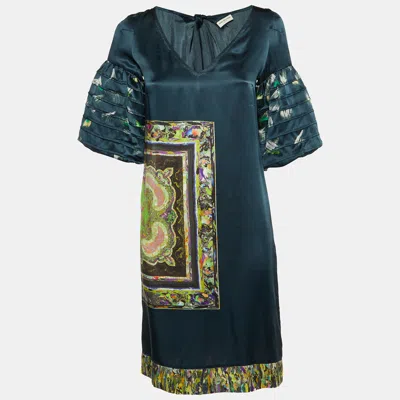 Pre-owned Dries Van Noten Dark Green Printed Silk Shift Dress S