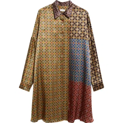 Dries Van Noten Dasia Tie Print Long Sleeve Silk Satin Shirtdress In Multi