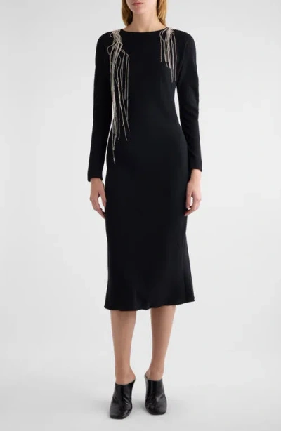 Dries Van Noten Davion Crystal Chain Raw Hem Long Sleeve Midi Dress In Black