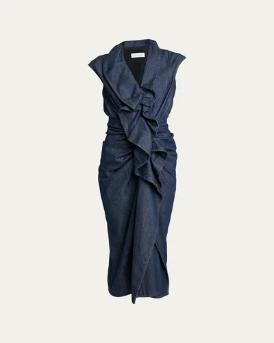Dries Van Noten Davyl Ruffle Denim Sleeveless Midi Dress In Blue