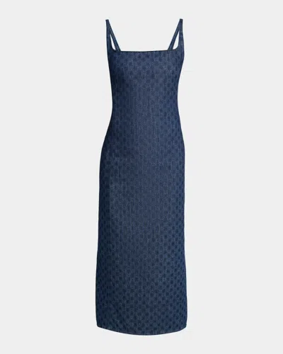 Dries Van Noten Debano Printed Denim Sleeveless Midi Dress In Blue