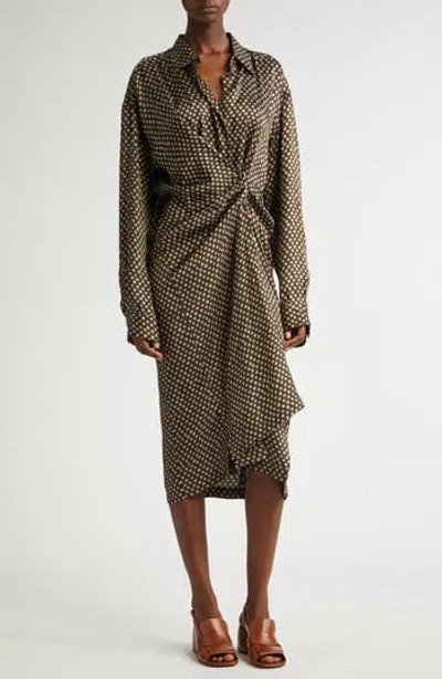 Dries Van Noten Delicks Polka Dot Long Sleeve Satin Shirtdress In Brown