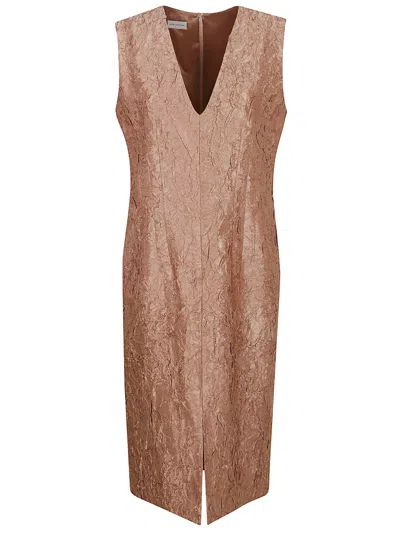 Dries Van Noten Pleated Viscose And Cotton Blend Midi Dress In Peach