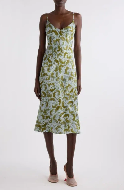 Dries Van Noten Denne Orchid Petal Print Slipdress In Khaki