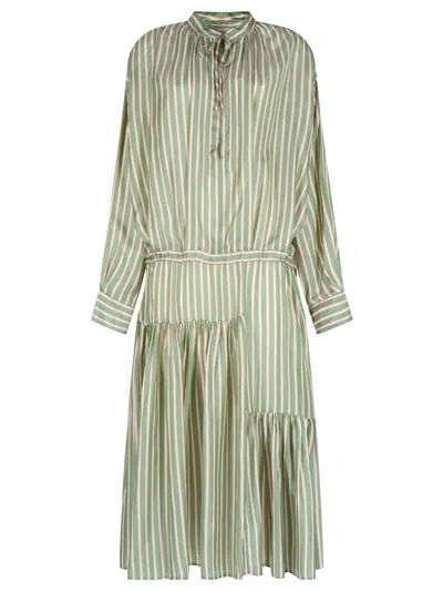 Dries Van Noten Denvo Striped Long Dress With Drawstring Waist In Green