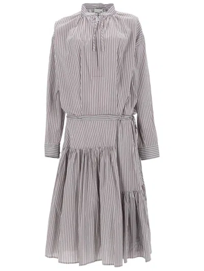 Dries Van Noten Denvo Vertical Stripes Tiered Dress In Gray