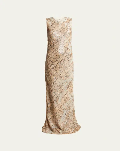 Dries Van Noten Depal Long Sequined Sleeveless Column Dress In Beige