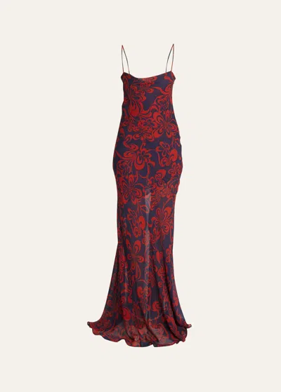 Dries Van Noten Deryl Abstract-print Cowl-neck Silk Dress In Navy