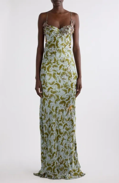 Dries Van Noten Deryl Orchid Petal Print Embellished Silk Column Gown