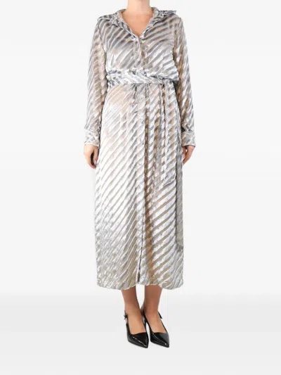 Pre-owned Dries Van Noten Diagonal-striped Velvet Shirt Dress In Gray