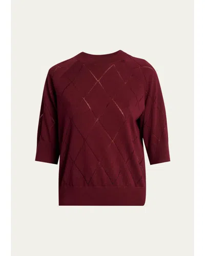 Dries Van Noten Diamond Knit Elbow-sleeve Crewneck Sweater In Burgundy