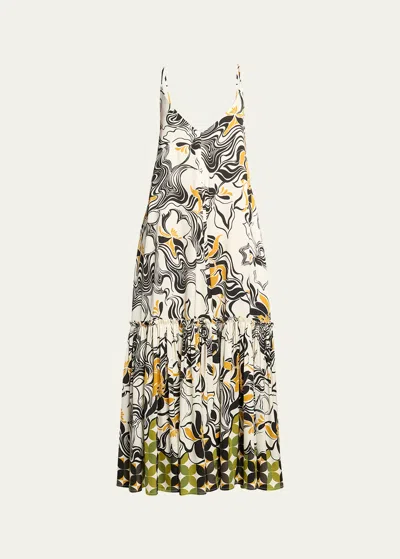 Dries Van Noten Diba Printed Midi Dress With Flounce Hem In Ecru