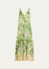 Dries Van Noten Diba Printed Midi Dress With Flounce Hem In Green