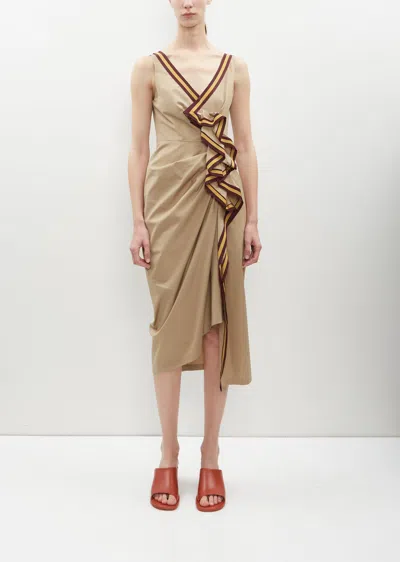 Dries Van Noten Striped Grosgrain-trimmed Ruffled Cotton-twill Midi Dress In Beige