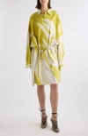 Dries Van Noten Dindi Print Belted Long Sleeve Cotton Poplin Shirtdress In Lime