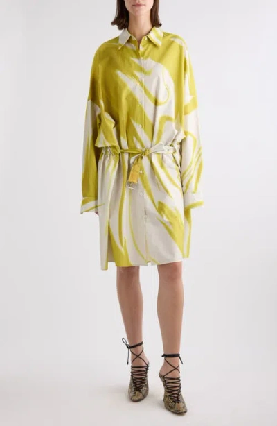Dries Van Noten Dindi Print Belted Long Sleeve Cotton Poplin Shirtdress In Lime