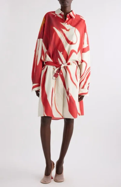 Dries Van Noten Dindi Print Belted Long Sleeve Cotton Poplin Shirtdress In Red