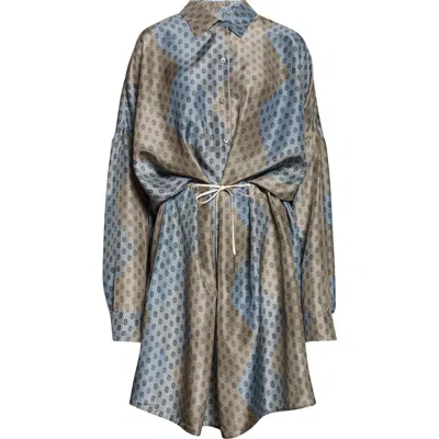 Dries Van Noten Dindia Print Long Sleeve Belted Silk Satin Shirtdress In Blue
