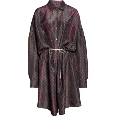 Dries Van Noten Dindia Print Long Sleeve Belted Silk Satin Shirtdress In Brown