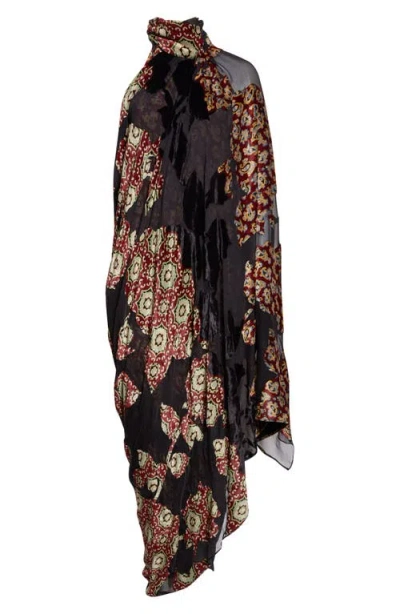 Dries Van Noten Dingo Draped Asymmetric Velvet & Silk Devoré Midi Dress In Multi