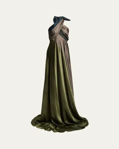 Dries Van Noten Disou Patchwork Silk Halter Gown In Green