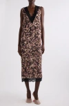 Dries Van Noten Dista Orchid Petal Print Lace Trim Midi Dress In Dark Brown