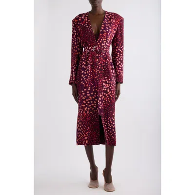 Dries Van Noten Dohana Orchid Spots Belted Long Sleeve Crepe Midi Dress In Auber