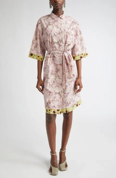 Dries Van Noten Doralia Mixed Print Belted Cotton Poplin Shirtdress In Pink