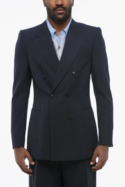 Dries Van Noten Double-breasted Bruce Wool Blend Blazer With Patch Pockets In Blue