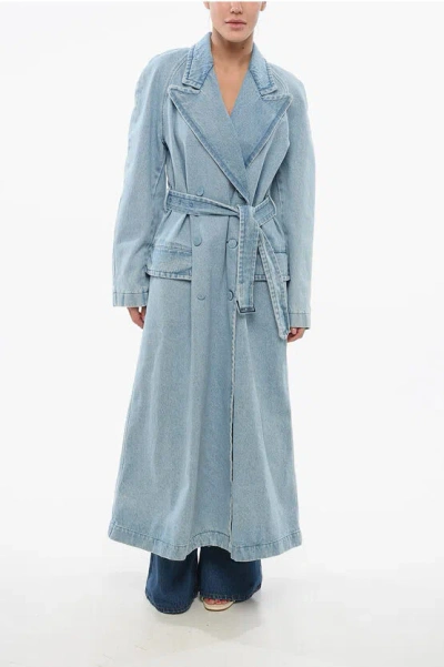 Dries Van Noten Double-breasted Denim Coat With Belt In Blue