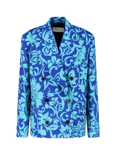 Dries Van Noten Double Breasted Blazer Floral Pattern Tailoring In Blue
