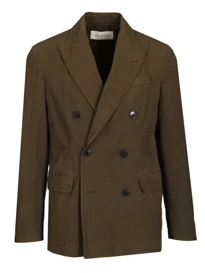 Dries Van Noten Double-breasted Cotton Blazer Coats Green In Brown