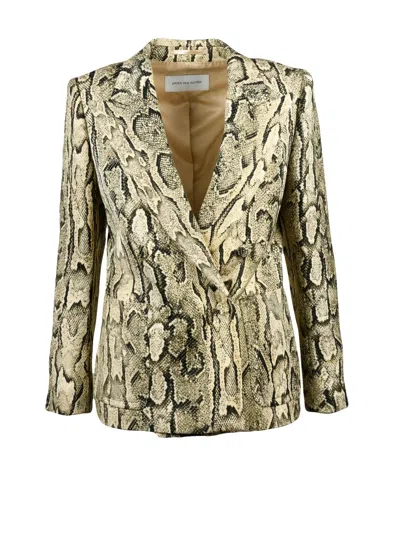 Dries Van Noten Double-breasted Cream And Black Patterned Jacket In Animal Print