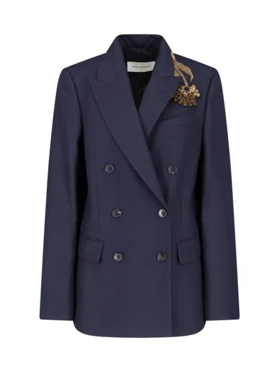 Dries Van Noten Double-breasted Embroidered Blazer In Blue