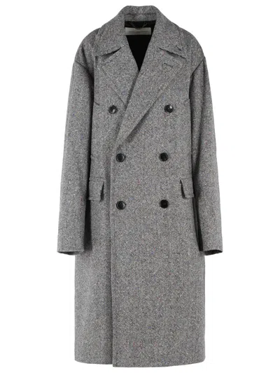 DRIES VAN NOTEN DOUBLE-BREASTED GREY WOOL COAT WITH MULTICOLORED CHECK PATTERN