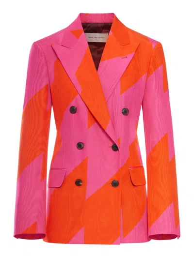 Dries Van Noten Double Breasted Blazer Bold Pattern Tie Back In Pink