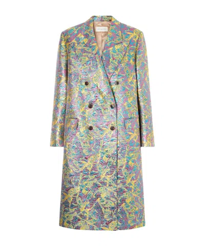 Dries Van Noten Double-breasted Metallic Floral-jacquard Long Coat In Yellow
