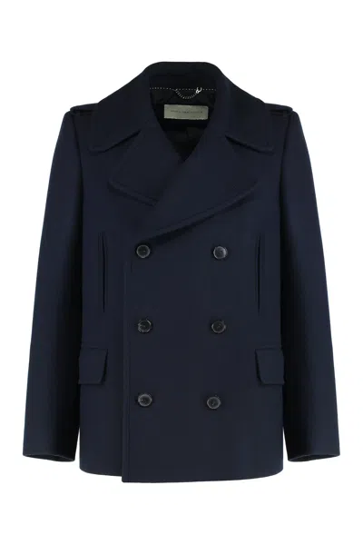 Dries Van Noten Double-breasted Wool-mix Jacket With Lapel Collar In Blue
