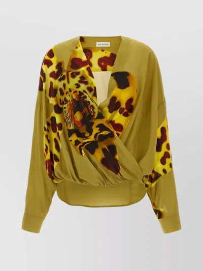 DRIES VAN NOTEN DRAPED ANIMAL PRINT V NECK BLOUSE