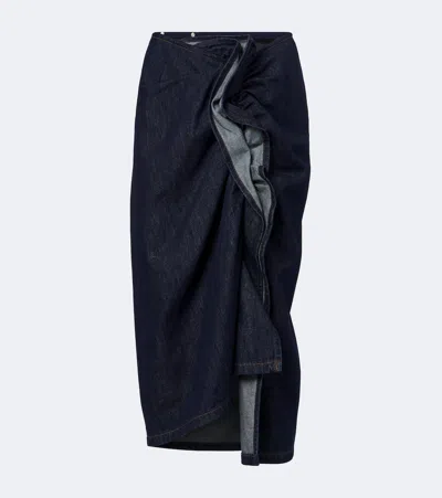Dries Van Noten Draped Asymmetric Denim Midi Skirt In Blue