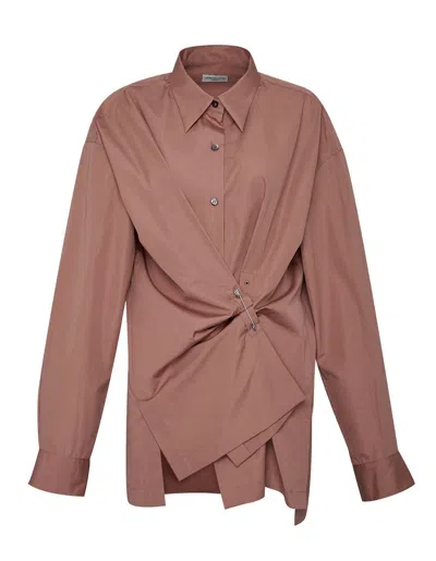 Dries Van Noten Draped Pin Cotton Popeline Shirt In Brown
