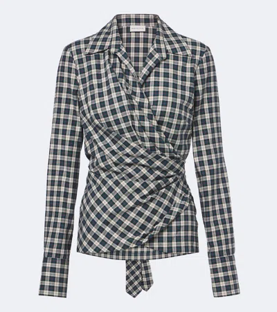 Dries Van Noten Draped Plaid Cotton Flannel Shirt In Blue