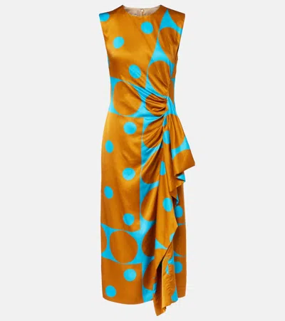 Dries Van Noten Draped Printed Satin Midi Dress In Gold