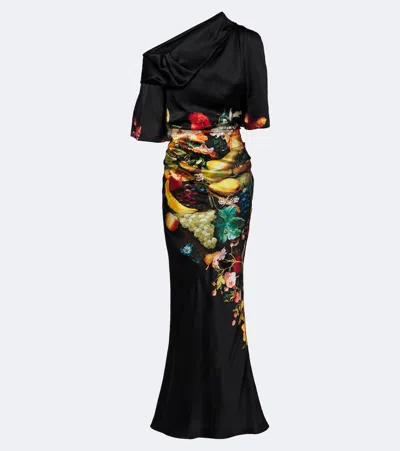 Dries Van Noten Draped Printed Silk Satin Gown In Black