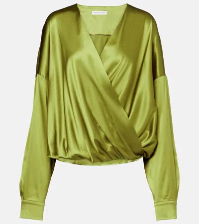 Dries Van Noten Draped Silk-blend Satin Blouse In Green